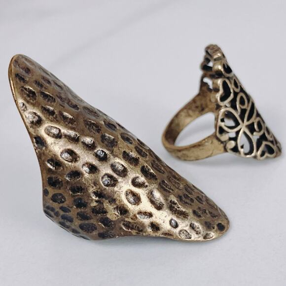 VTG Lot of 2 Rings Brass Filigree and Hammered Statement Set Adjustable Bold Y2K - Picture 6 of 11